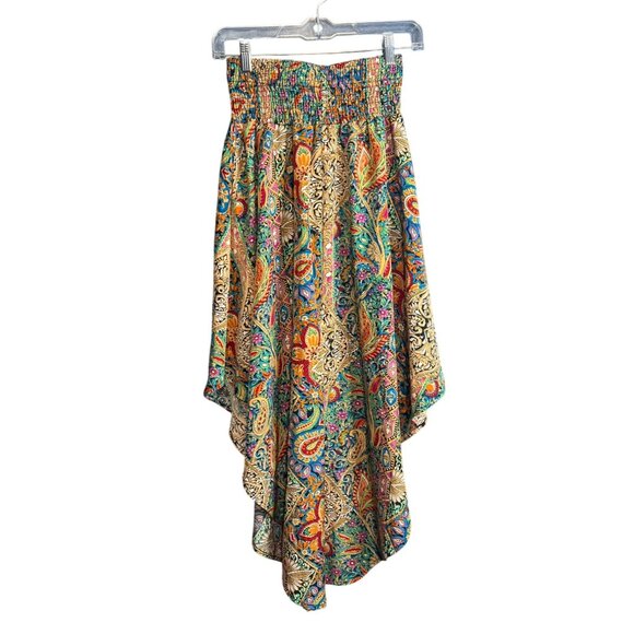 Boho Handkerchief Hem Paisley Skirt XS Smocked Waist - Picture 2 of 6